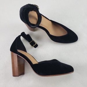 Soludos Collette Suede Heel Womens 9 Black Ankle Strap 4" Block Closed Toe Pumps